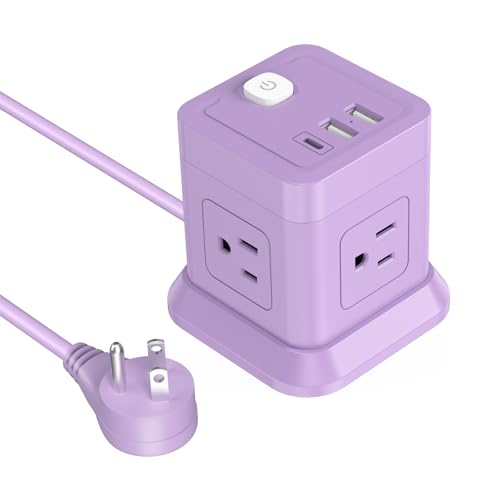 Cube Power Strip, FDTEK 4 Widely Spaced Outlet with 3 USB (1 USB C) Flat Plug Power Strips with Long Extension Cords Space Save Compact Portable for Travel Home Office Cruise (Purple) 5FT - color: Purple, size: 5FT
