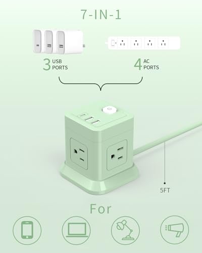Cube Power Strip, FDTEK 4 Widely Spaced Outlet with 3 USB (1 USB C) Flat Plug Power Strips with Long Extension Cords Space Save Compact Portable for Travel Home Office Cruise (Green) - color: Green, size: 5FT