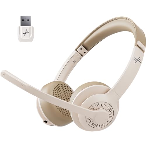 JIAMQISHI Wireless Headset with AI Noise Cancelling Microphone Bluetooth Headset - Bluetooth V5.2 Headphones with USB Dongle & Mic Mute for Computer/Laptop/PC/iPhone/Android/Cell Phones (White) - color: White