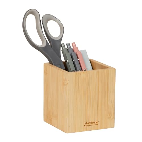 Mind Reader Pen Cup, Accessory Holder, Desktop Organization, Office, Bamboo, 3.5"L x 3.5"W x 3.875"H, Brown - size: Pen Cup