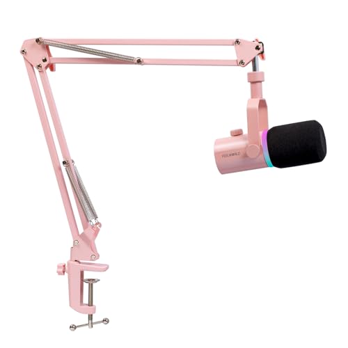FEELWORLD PM1 XLR USB Dynamic Microphone with Boom Arm Gifts for Podcast Recording PC Computer Gaming Live Streaming Vocal Voice-Over, Studio Metal Mic, RGB Light, Mute Button, Headphones Jack (Pink) - color: Pink