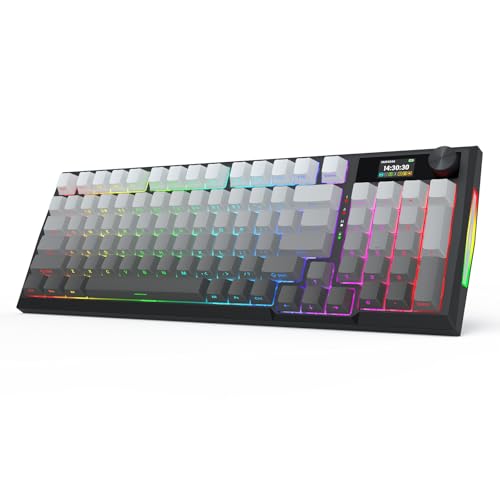 Redragon Wireless Mechanical Keyboard, Gasket RGB Gaming Keyboard with Screen & Knob, Tri-Mode BT5.0/2.4G/USB-C, 95 Keys Hot Swappable, Side Printed PBT Keycaps, Thick Pre-Lubed Linear Switch, K725SP - color: Grey