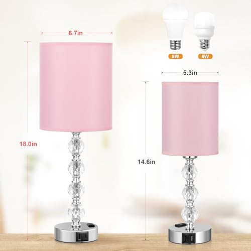 Acaxin Touch Bedside Crystal Lamps for Bedrooms Nightstand with USB C+A Charging Port and AC Outlet White, 3 Way Dimmable Silver Large End Side Table Lamp for Living/Guest/Dinning Room/Kitchen - color: Pink, size: 18.0in