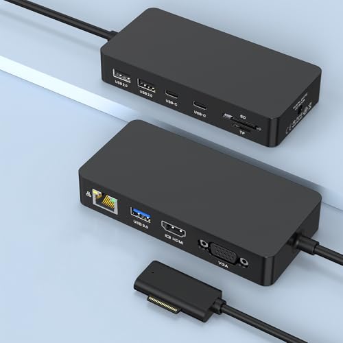 Surface Pro Docking Station with Power Adapter, 11-in-1 Surface Dock Dual Displays 4K HDMI+VGA, Sur face Docking Station for Sur face Pro 11/10/9/8/X/7/7+/6/5/4/3, Sur face Book/Laptop/Go