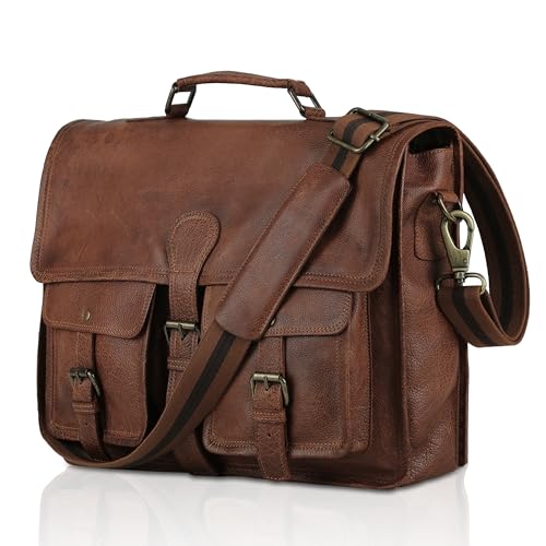 Leather briefcase 18 inch laptop messenger bag for men and women best satchel office bag - color: Tan, size: 18 inch