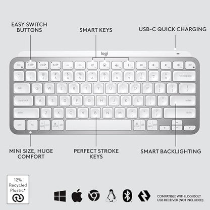 Logitech MX Keys Mini Minimalist Wireless Illuminated Keyboard, Compact, Bluetooth, Backlit, USB-C, Compatible with Apple macOS, iOS, Windows, Linux, Android, Metal Build - Pale Gray - color: Pale Grey, style: MX Keys Mini