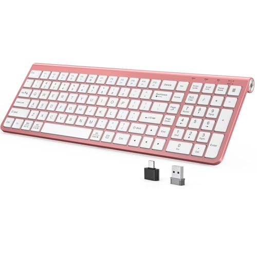 JOYACCESS Pink Wireless Keyboard,USB & Type C 2-in-1 Receiver, Full-Sized Ergonomic Computer Keyboard with Cover,Compatible with Windows/Mac/PC/Laptop - color: Pink