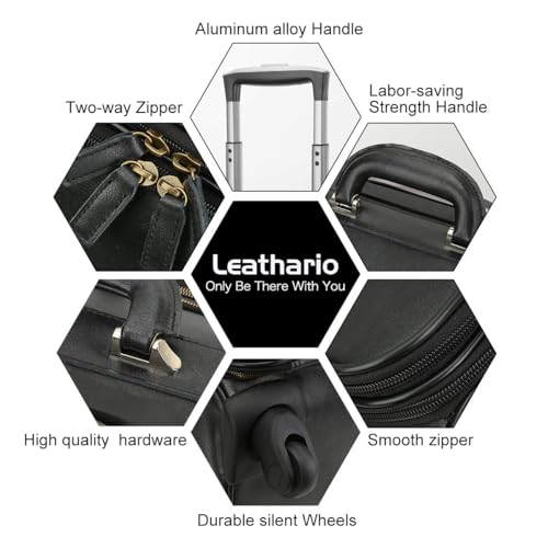 Leathario Leather Rolling Laptop Case Wheeled Briefcase Suitcase Roller Boarding - color: Black