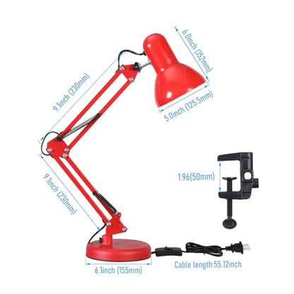 TORCHSTAR Metal Desk Lamp with Clamp, Swing Arm, Architect Adjustable Gooseneck Table Lamp, Clip Desk Lights for Home Office, Work, Study, Reading, E26 Base, Multi-Joint, Red - color: Red