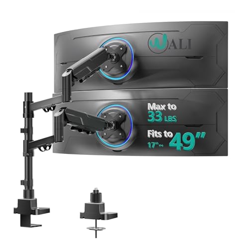 WALI Vertical Dual Monitor Mount for 17-49 inch Ultrawide Curved Screens, Heavy Duty Stacked Dual Monitor Stand for Desk, Adjustable Gas Spring Monitor Arm up to 33lbs, VESA Mount 75/100mm, Black - size: 17"-49", style: Dual Arms