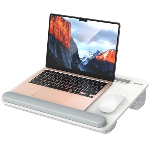 Besign LT08 Laptop Stand, Portable Lap Desk with Pillow Cushion, Fits up to 14 inch Laptop, with Anti-Slip Strip for Desk, Sofa & Bed, White and Gray - color: White and Gray