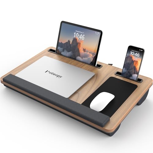 Potuopy Lap Desk - Up to 17” Laptop Tray with Wrist Rest, Portable Handle, Fixed Mouse Pad, Tablet & Phone Slots, Laptop Stand for Bed with Cushion (Dark Brown Woodgrain) - color: Dark Brown Woodgrain