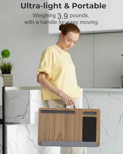 Potuopy Lap Desk - Up to 17” Laptop Tray with Wrist Rest, Portable Handle, Fixed Mouse Pad, Tablet & Phone Slots, Laptop Stand for Bed with Cushion (Dark Brown Woodgrain) - color: Dark Brown Woodgrain