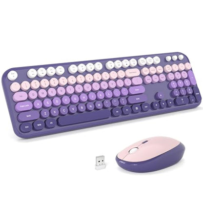 MOFII Wireless Keyboard and Mouse Combo, Full Size 2.4G Retro Round Computer Keyboard and Mouse Set, Plug and Play, for Windows, Computer, Desktop, PC, Notebook - (Purple Gradient) - color: Lovely-Purple Gradient