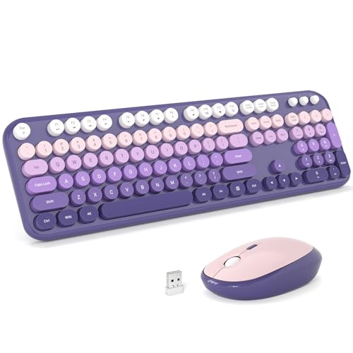 MOFII Wireless Keyboard and Mouse Combo, Full Size 2.4G Retro Round Computer Keyboard and Mouse Set, Plug and Play, for Windows, Computer, Desktop, PC, Notebook - (Purple Gradient) - color: Lovely-Purple Gradient