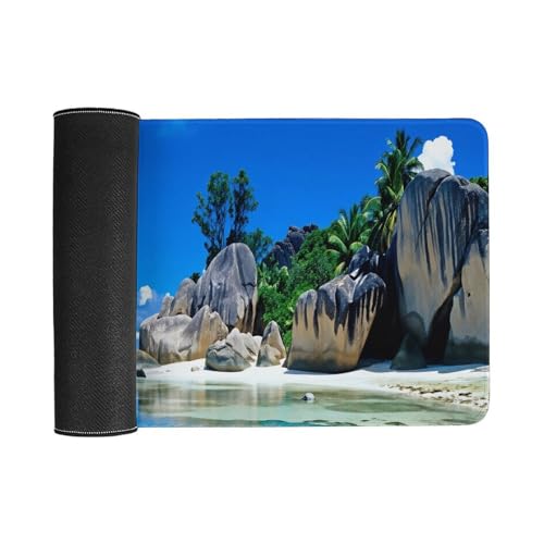 Beaches Scene France Seychelles Large Extended Gaming Mouse Pad (16x30in) - Durable Stitched Edges XXL Desk Mat for Keyboard and Mouse - Water Resistant & Non-Slip Rubber Base - color: black-3, size: 16x30in