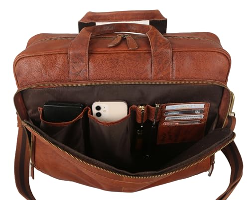 Leather briefcase 18 Inch Laptop Messenger Bags for Men and Women Best Office briefcase Satchel Bag (Wash Tan) - color: Wash Tan