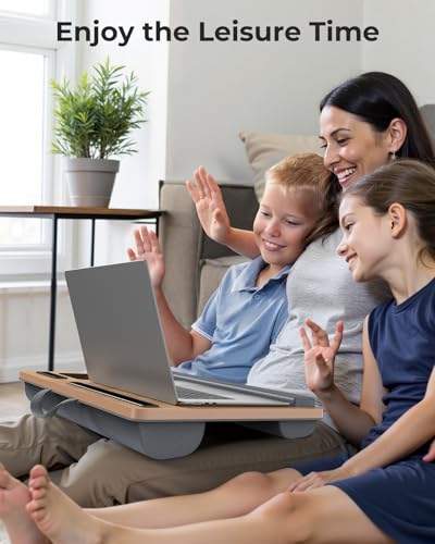 Potuopy Lap Desk - Up to 17” Laptop Tray with Wrist Rest, Portable Handle, Fixed Mouse Pad, Tablet & Phone Slots, Laptop Stand for Bed with Cushion (Dark Brown Woodgrain) - color: Dark Brown Woodgrain