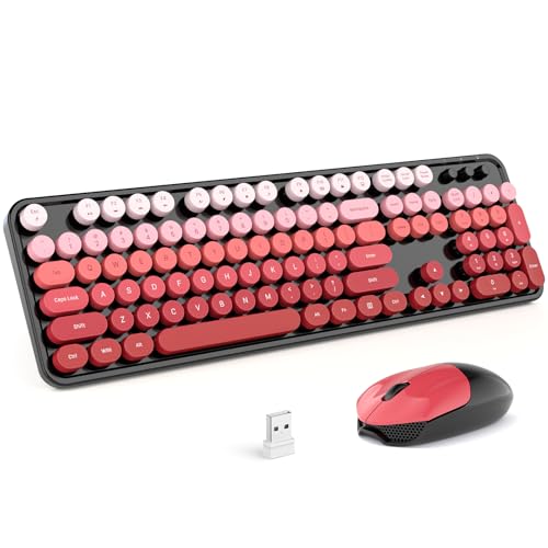 MOFII Wireless Keyboard and Mouse Combo, Full Size 2.4G Plug and Play Typewriter Retro Round Computer Keyboard and Mouse Set for Windows, Computer, Desktop, PC, Notebook - (Black Red Gradient) - color: Black Red Gradient