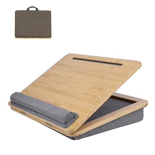 SUMISKY Adjustable Lap Desk-Portable Laptop Stand with Cushion, Bamboo Platform with Phone Holder, Wrist Pad Fits up to 15.6 Inch Laptops - size: M(16.5"x13.4" Height-Adjustable)