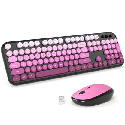 MOFII Wireless Keyboard and Mouse Combo, Full Size 2.4G Retro Round Computer Keyboard and Mouse Set, Plug and Play, for Windows, Computer, Desktop, PC, Notebook - (Black Pink Gradient) - color: Lovely Black Pink Gradient