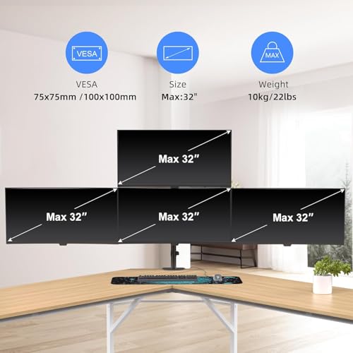 Pholiten Quad 4 Monitor Arm Desk Mount for Max 32 inch Screens, Gas Spring Adjustment Monitor Stand with VESA 75x75mm, 100x100 mm, Clamp & Grommet Install Black MD18864 - style: 4 monitor mount