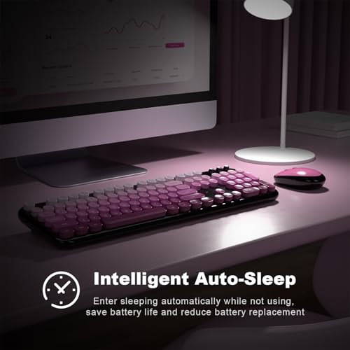 MOFII Wireless Keyboard and Mouse Combo, Full Size 2.4G Retro Round Computer Keyboard and Mouse Set, Plug and Play, for Windows, Computer, Desktop, PC, Notebook - (Black Pink Gradient) - color: Lovely Black Pink Gradient