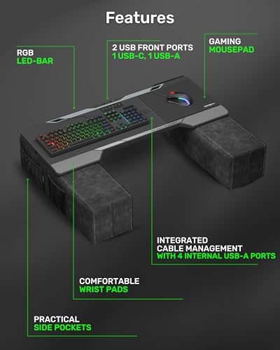 Couchmaster CYCON³ HORIZONLIGHT Bar, Ultimate Ergonomic USB-Hub Gaming Lap Desk for Couch and Bed, Large, Stable and Compatible with All Keyboards and Mouse/Mice, Laptops, PCs, PS4/5, Xbox - color: Black