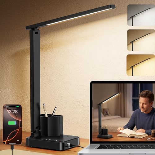 cozoo LED Desk Lamps for Home Office, Modern Dimmable Eye Caring Desk Light with USB Charging Ports AC Outlet, Pen Holder,Touch/Memory/Timer, Kids Small Table Lamp for Reading, Bedroom, Study, Craft - color: Black