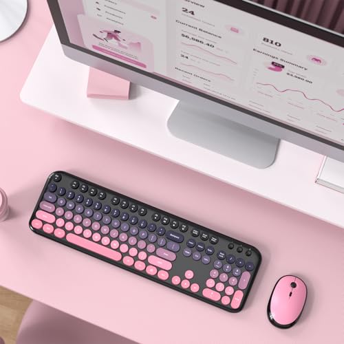 MOFII Wireless Keyboard and Mouse Combo, Full Size 2.4G Retro Round Computer Keyboard and Mouse Set, Plug and Play, for Windows, Computer, Desktop, PC, Notebook - (Lovely Plum Pink Gradient) - color: Lovely Plum Pink Gradient