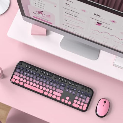 MOFII Wireless Keyboard and Mouse Combo, Full Size 2.4G Retro Round Computer Keyboard and Mouse Set, Plug and Play, for Windows, Computer, Desktop, PC, Notebook - (Lovely Plum Pink Gradient) - color: Lovely Plum Pink Gradient