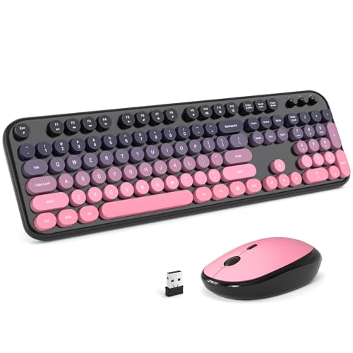 MOFII Wireless Keyboard and Mouse Combo, Full Size 2.4G Retro Round Computer Keyboard and Mouse Set, Plug and Play, for Windows, Computer, Desktop, PC, Notebook - (Lovely Plum Pink Gradient) - color: Lovely Plum Pink Gradient
