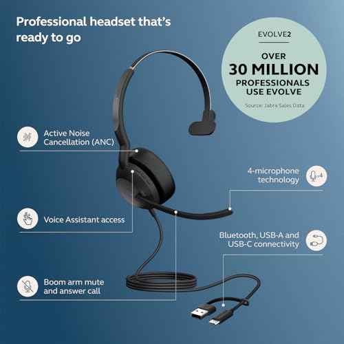 Jabra Evolve2 50 Wired Single-Ear Headset - Noise Cancelling Headphones, Bluetooth Headset for Work with Noise Cancelling Microphones, Works with Online Meeting Platforms Like Zoom & Google, Black - style: All Platforms, Single Ear