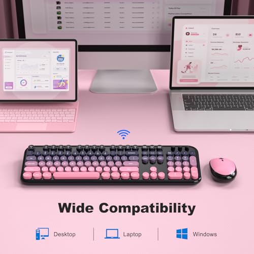 MOFII Wireless Keyboard and Mouse Combo, Full Size 2.4G Retro Round Computer Keyboard and Mouse Set, Plug and Play, for Windows, Computer, Desktop, PC, Notebook - (Lovely Plum Pink Gradient) - color: Lovely Plum Pink Gradient