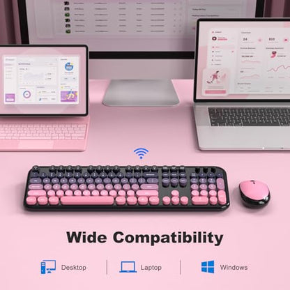 MOFII Wireless Keyboard and Mouse Combo, Full Size 2.4G Retro Round Computer Keyboard and Mouse Set, Plug and Play, for Windows, Computer, Desktop, PC, Notebook - (Lovely Plum Pink Gradient) - color: Lovely Plum Pink Gradient