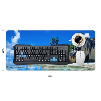 Beaches Scene France Seychelles Large Extended Gaming Mouse Pad (16x36in) - Durable Stitched Edges XXL Desk Mat for Keyboard and Mouse - Water Resistant & Non-Slip Rubber Base - color: black-3, size: 16x36in