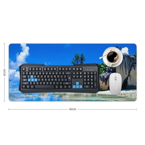 Beaches Scene France Seychelles Large Extended Gaming Mouse Pad (16x36in) - Durable Stitched Edges XXL Desk Mat for Keyboard and Mouse - Water Resistant & Non-Slip Rubber Base - color: black-3, size: 16x36in