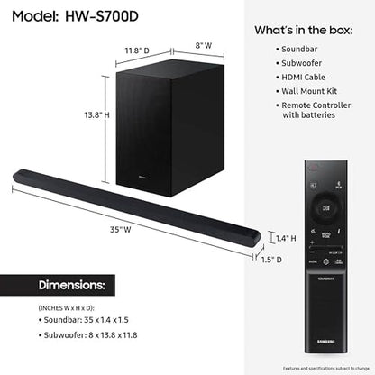 Samsung S700D 3.1ch Soundbar w/Wireless Dolby Atmos Audio, Ultra Slim Design, Q-Symphony, SpaceFit Sound Pro, Adaptive Sound, Game Mode Pro, HW-S700D/ZA - style: HW-S700D