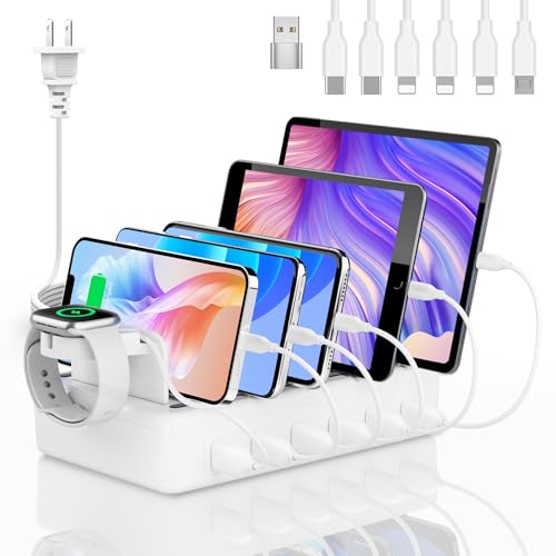 Charging Station for Multiple Devices, 6 Port 50W Fast Multi Charger Station Charging Dock with 6 Mixed Charging Cables for iPhone, iPad, Kindle, Tablet, Cellphone and Others - color: White