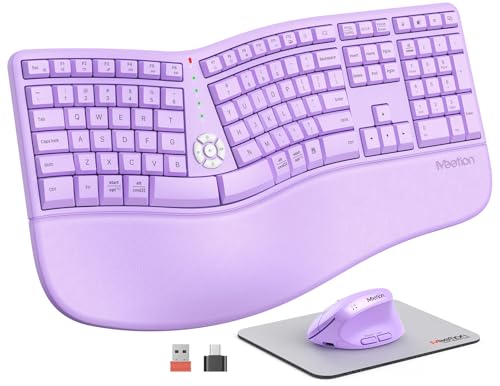 MEETION Ergonomic Keyboard and Mouse Combo, 2.4G Cordless Split Keyboard with Cushioned Palm Rest, Vertical Wireless Mousefor Windows/Mac Purple - color: Purple