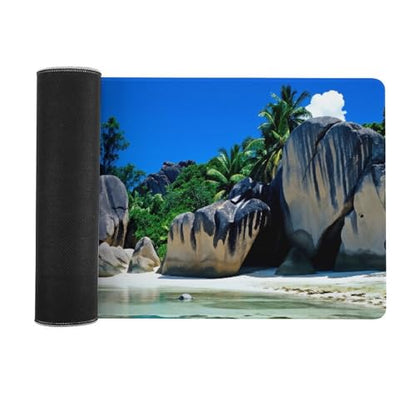 Beaches Scene France Seychelles Large Extended Gaming Mouse Pad (12x31.5in) - Durable Stitched Edges XXL Desk Mat for Keyboard and Mouse - Water Resistant & Non-Slip Rubber Base - color: black-3, size: 12x31.5in