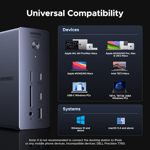 UGREEN Revodok Max 13-in-1 Thunderbolt 4 Docking Station, 40Gbps with 3×TBT4 (Dual 4K@60Hz max), 180W Total Power (96W Laptop Charging), 1Gbps Ethernet, SD/TF 3.0, 3.5mm Audio