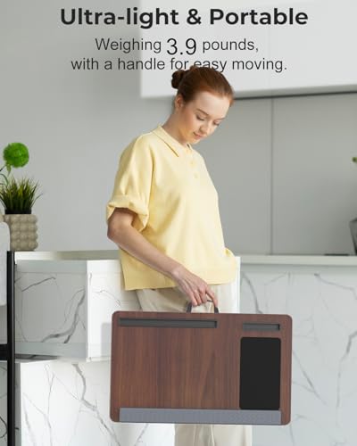 Potuopy Lap Desk - Up to 17” Laptop Tray with Wrist Rest, Portable Handle, Fixed Mouse Pad, Tablet & Phone Slots, Laptop Lap Desk with Cushion (Dark Brown) - color: Dark Brown