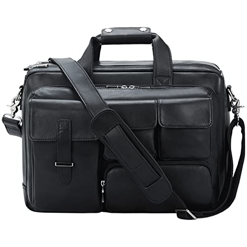 TIDING Full Grain Leather Briefcase For Men 17 Inch Laptop Case Business Travel Office Messenger Shoulder Bag - color: Black