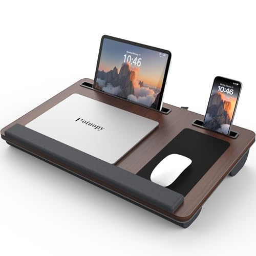 Potuopy Lap Desk - Up to 17” Laptop Tray with Wrist Rest, Portable Handle, Fixed Mouse Pad, Tablet & Phone Slots, Laptop Lap Desk with Cushion (Dark Brown) - color: Dark Brown