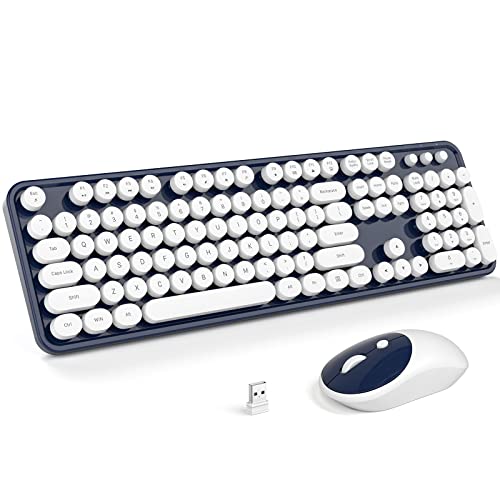 MOFII Wireless Keyboard and Mouse Combo, Computer Full Size 2.4G Plug and Play Wireless Typewriter Retro Round Keyboard and Mouse Set for Windows, Computer, Desktop, PC, Notebook - (Dark Blue) - color: Dark Blue