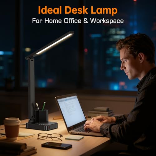 cozoo LED Desk Lamps for Home Office, Modern Dimmable Eye Caring Desk Light with USB Charging Ports AC Outlet, Pen Holder,Touch/Memory/Timer, Kids Small Table Lamp for Reading, Bedroom, Study, Craft - color: Black
