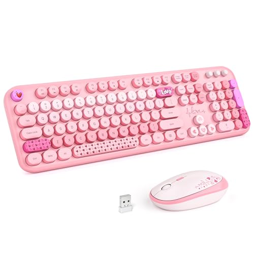 MOFII Wireless Keyboard and Mouse Combo, Full Size 2.4G Plug and Play Typewriter Retro Round Computer Keyboard and Mouse Set for Windows, Computer, Desktop, PC, Notebook - (Pink Colorful) - color: Lovely Pink