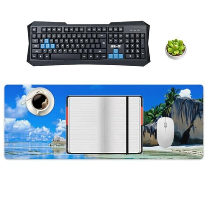 Beaches Scene France Seychelles Large Extended Gaming Mouse Pad (12x31.5in) - Durable Stitched Edges XXL Desk Mat for Keyboard and Mouse - Water Resistant & Non-Slip Rubber Base - color: black-3, size: 12x31.5in