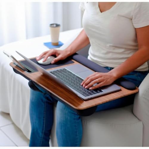 Lap Desk with Wrist Rest and Mouse Pad, Home Office Pro Laptop Tray for 15.6 Inch Laptops, Portable Desk with Phone Holder & Ergonomic Cushion for Bed, Couch, Espresso Woodgrain